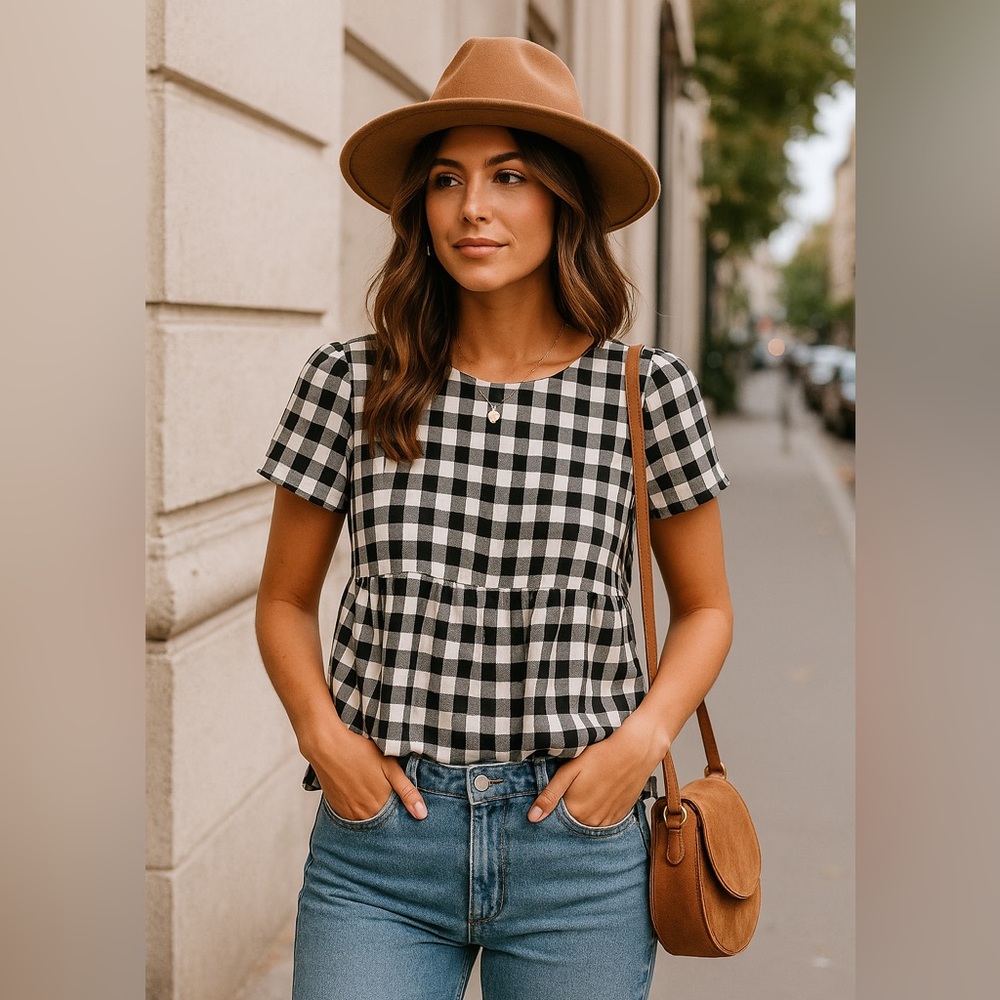 Dreamers Buffalo Plaid Babydoll Top | Black & White Gingham | Size Medium
